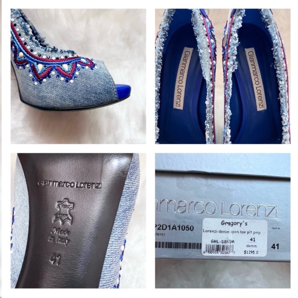 New! GIANMATCO LORENZI Denina Embellished Denim Peep Toe Pumps - Picture 12 of 12